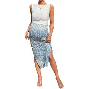 imageMilumia Womens Maternity Outfits 2 Piece Eyelet Ruched Tank Top and Floral Double Slit Midi Skirt SetsBlue Multi