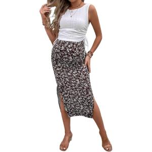 imageMilumia Womens Maternity Outfits 2 Piece Eyelet Ruched Tank Top and Floral Double Slit Midi Skirt SetsChocolate Brown
