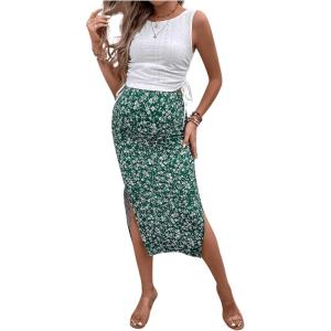 imageMilumia Womens Maternity Outfits 2 Piece Eyelet Ruched Tank Top and Floral Double Slit Midi Skirt SetsGreen