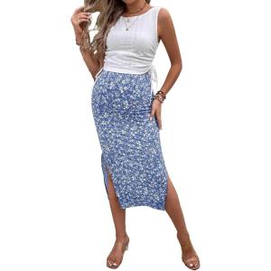 imageMilumia Womens Maternity Outfits 2 Piece Eyelet Ruched Tank Top and Floral Double Slit Midi Skirt SetsLight Blue