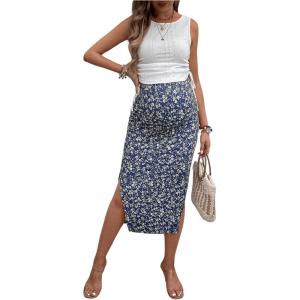 imageMilumia Womens Maternity Outfits 2 Piece Eyelet Ruched Tank Top and Floral Double Slit Midi Skirt SetsNavy Blue