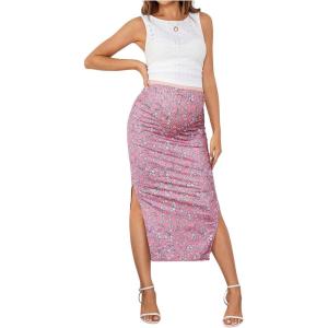 imageMilumia Womens Maternity Outfits 2 Piece Eyelet Ruched Tank Top and Floral Double Slit Midi Skirt SetsPink