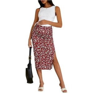 imageMilumia Womens Maternity Outfits 2 Piece Eyelet Ruched Tank Top and Floral Double Slit Midi Skirt SetsRed