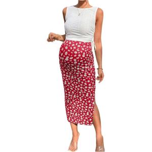 imageMilumia Womens Maternity Outfits 2 Piece Eyelet Ruched Tank Top and Floral Double Slit Midi Skirt SetsRed Multi