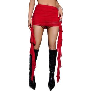 imageMilumia Womens Mesh Ruffle Trim Ruched Mini Skirt Low Waisted Bodycon Club SkirtsRed