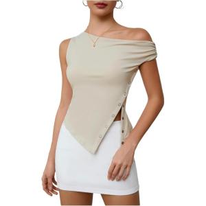 imageMilumia Womens Off One Shoulder Tank Top Asymmetrical Button Hem Going Out Tee ShirtsApricot