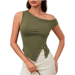 imageMilumia Womens Off One Shoulder Tank Top Asymmetrical Button Hem Going Out Tee ShirtsArmy Green