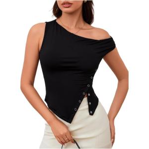 imageMilumia Womens Off One Shoulder Tank Top Asymmetrical Button Hem Going Out Tee ShirtsBlack