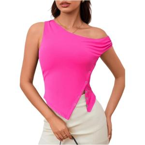 imageMilumia Womens Off One Shoulder Tank Top Asymmetrical Button Hem Going Out Tee ShirtsHot Pink