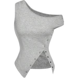 imageMilumia Womens Off One Shoulder Tank Top Asymmetrical Button Hem Going Out Tee ShirtsLight Grey