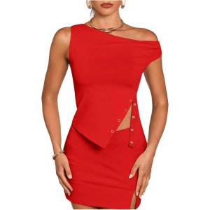 imageMilumia Womens Off One Shoulder Tank Top Asymmetrical Button Hem Going Out Tee ShirtsRed