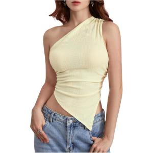 imageMilumia Womens One Shoulder Tank Tops Summer Ruched Asymmetrical Off The Shoulder Sleeveless Going Out Crop TopsApricot