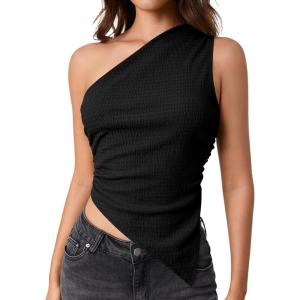 imageMilumia Womens One Shoulder Tank Tops Summer Ruched Asymmetrical Off The Shoulder Sleeveless Going Out Crop TopsBlack