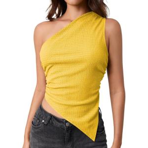 imageMilumia Womens One Shoulder Tank Tops Summer Ruched Asymmetrical Off The Shoulder Sleeveless Going Out Crop TopsBright Yellow