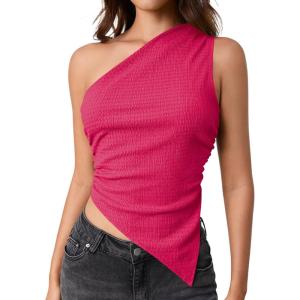 imageMilumia Womens One Shoulder Tank Tops Summer Ruched Asymmetrical Off The Shoulder Sleeveless Going Out Crop TopsHot Pink