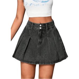 imageMilumia Womens Pleated Denim Skirt Trendy High Waisted Mini Jean Skater SkirtsDark Grey