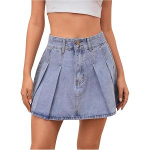 imageMilumia Womens Pleated Denim Skirt Trendy High Waisted Mini Jean Skater SkirtsLight Wash Blue