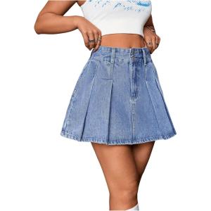imageMilumia Womens Pleated Denim Skirt Trendy High Waisted Mini Jean Skater SkirtsMedium Wash