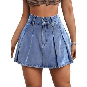 imageMilumia Womens Pleated Denim Skirt Trendy High Waisted Mini Jean Skater SkirtsSolid Blue