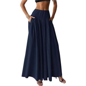 imageMilumia Womens Pleated Flowy Long Skirts High Waist Maxi Skirt with PocketDark Blue