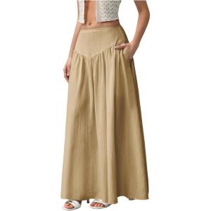 imageMilumia Womens Pleated Flowy Long Skirts High Waist Maxi Skirt with PocketKhaki