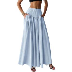 imageMilumia Womens Pleated Flowy Long Skirts High Waist Maxi Skirt with PocketLight Blue