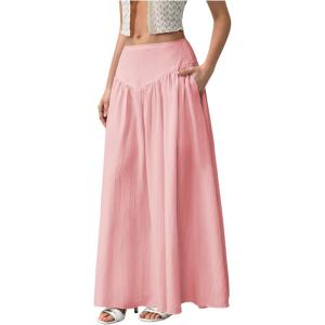 imageMilumia Womens Pleated Flowy Long Skirts High Waist Maxi Skirt with PocketLight Pink