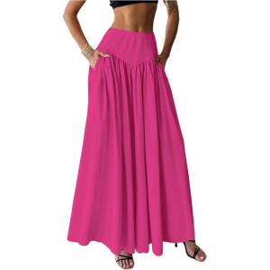 imageMilumia Womens Pleated Flowy Long Skirts High Waist Maxi Skirt with PocketPink