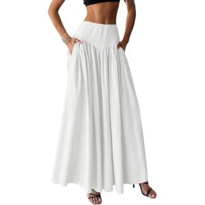 imageMilumia Womens Pleated Flowy Long Skirts High Waist Maxi Skirt with PocketWhite