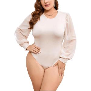 imageMilumia Womens Plus Size Crew Neck Mesh Long Sleeve Bodysuit Leotards Shirts JumpsuitApricot