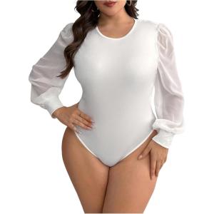 imageMilumia Womens Plus Size Crew Neck Mesh Long Sleeve Bodysuit Leotards Shirts JumpsuitWhite
