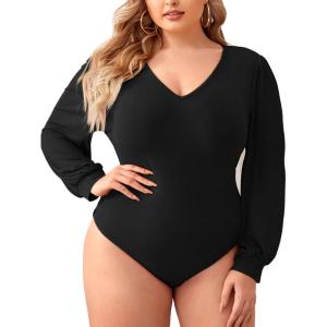 imageMilumia Womens Plus Size V Neck Long Sleeve Bodysuit Leotards Basic Shirts JumpsuitBlack