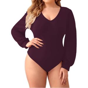 imageMilumia Womens Plus Size V Neck Long Sleeve Bodysuit Leotards Basic Shirts JumpsuitBurgundy