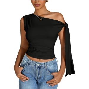 imageMilumia Womens Ruched One Off The Shoulder Tank Tops Asymmetrical Neck Tie Shoulder Going Out TopBlack