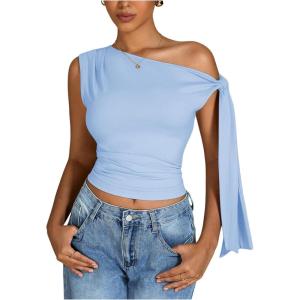 imageMilumia Womens Ruched One Off The Shoulder Tank Tops Asymmetrical Neck Tie Shoulder Going Out TopBlue