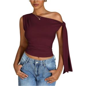 imageMilumia Womens Ruched One Off The Shoulder Tank Tops Asymmetrical Neck Tie Shoulder Going Out TopBurgundy