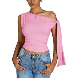 imageMilumia Womens Ruched One Off The Shoulder Tank Tops Asymmetrical Neck Tie Shoulder Going Out TopPink