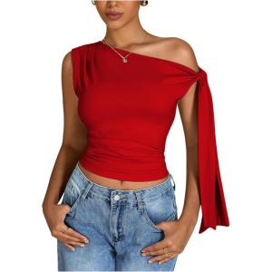 imageMilumia Womens Ruched One Off The Shoulder Tank Tops Asymmetrical Neck Tie Shoulder Going Out TopRed