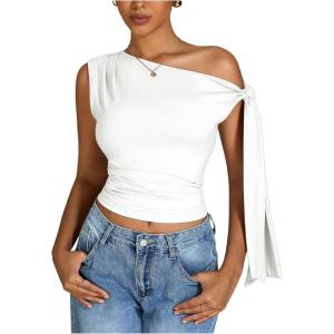 imageMilumia Womens Ruched One Off The Shoulder Tank Tops Asymmetrical Neck Tie Shoulder Going Out TopWhite