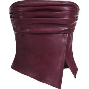 imageMilumia Womens Ruched Pu Leather Tube Top Strapless Split Hem Bandeaus PartywearBurgundy