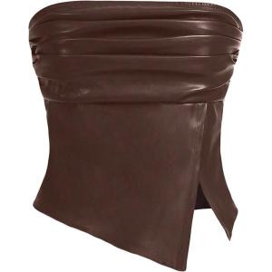 imageMilumia Womens Ruched Pu Leather Tube Top Strapless Split Hem Bandeaus PartywearCoffee Brown