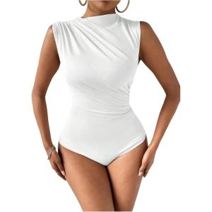imageMilumia Womens Ruched Tank Top Sleeveless Mock Neck Bodysuit Fitted Jumpsuit TopsAll White