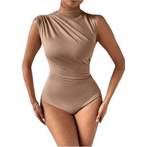 imageMilumia Womens Ruched Tank Top Sleeveless Mock Neck Bodysuit Fitted Jumpsuit TopsBrown