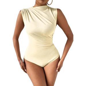 imageMilumia Womens Ruched Tank Top Sleeveless Mock Neck Bodysuit Fitted Jumpsuit TopsButter Yellow
