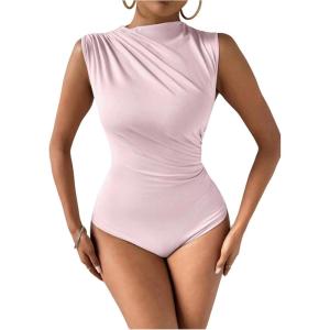 imageMilumia Womens Ruched Tank Top Sleeveless Mock Neck Bodysuit Fitted Jumpsuit TopsLight Pink