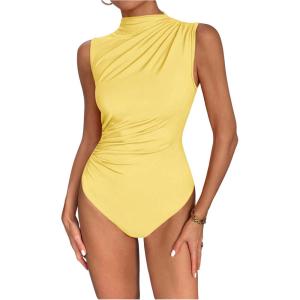 imageMilumia Womens Ruched Tank Top Sleeveless Mock Neck Bodysuit Fitted Jumpsuit TopsYellow