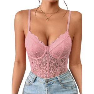 imageMilumia Womens Sexy Floral Lace Sheer Mesh Corset Bodysuit Spaghetti Strap Cami Tops Going OutAll Pink