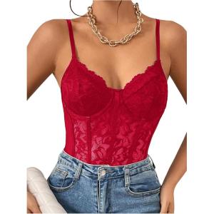 imageMilumia Womens Sexy Floral Lace Sheer Mesh Corset Bodysuit Spaghetti Strap Cami Tops Going OutAll Red