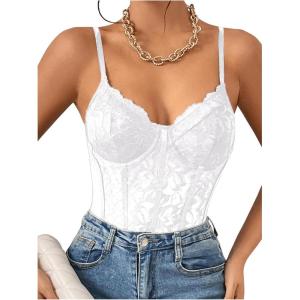 imageMilumia Womens Sexy Floral Lace Sheer Mesh Corset Bodysuit Spaghetti Strap Cami Tops Going OutAll White