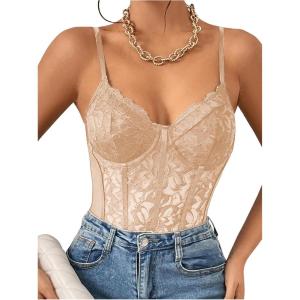 imageMilumia Womens Sexy Floral Lace Sheer Mesh Corset Bodysuit Spaghetti Strap Cami Tops Going OutApricot